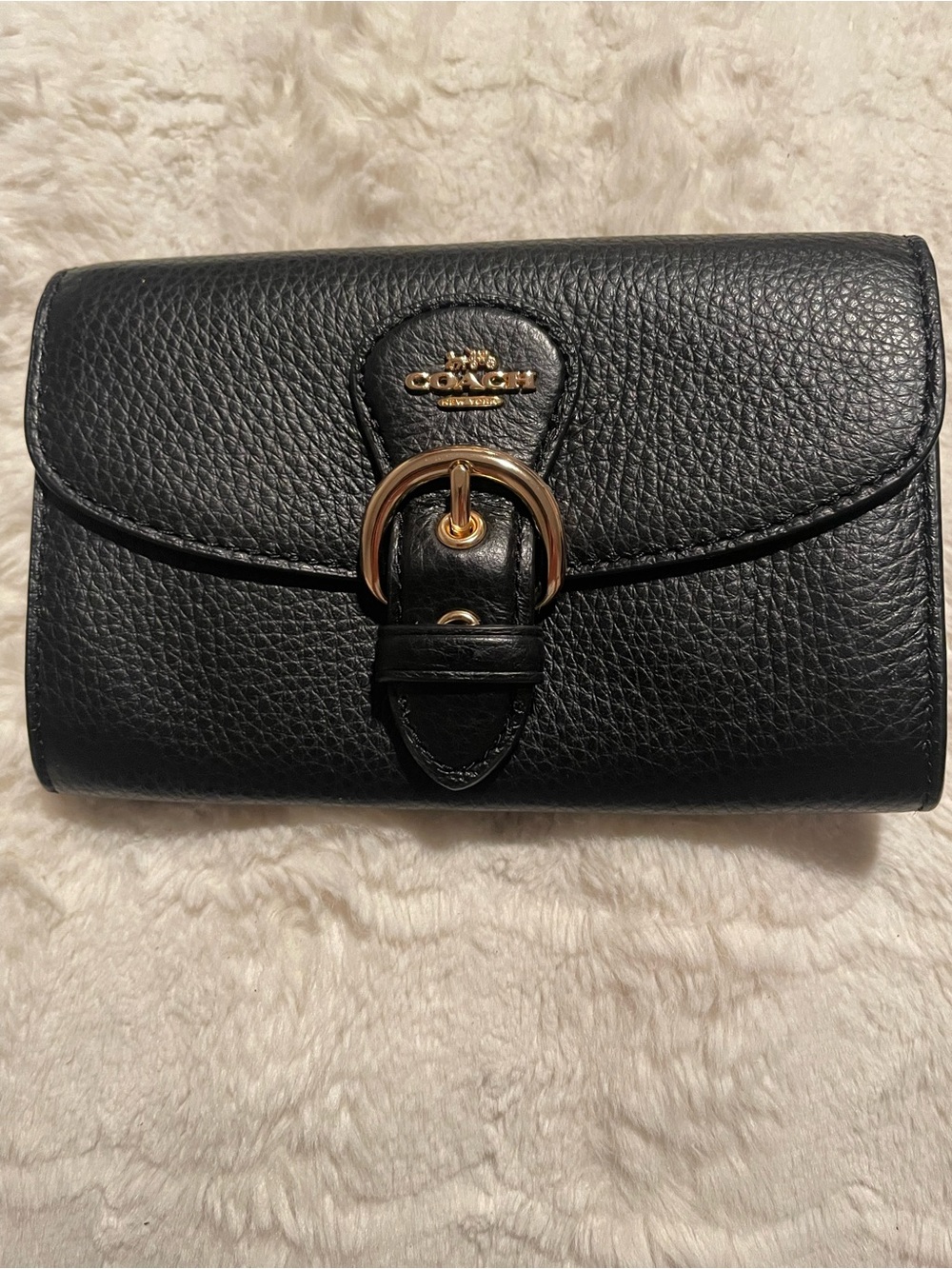 Coach Kleo Black Pebbled Leather Wallet with Gold Buckle